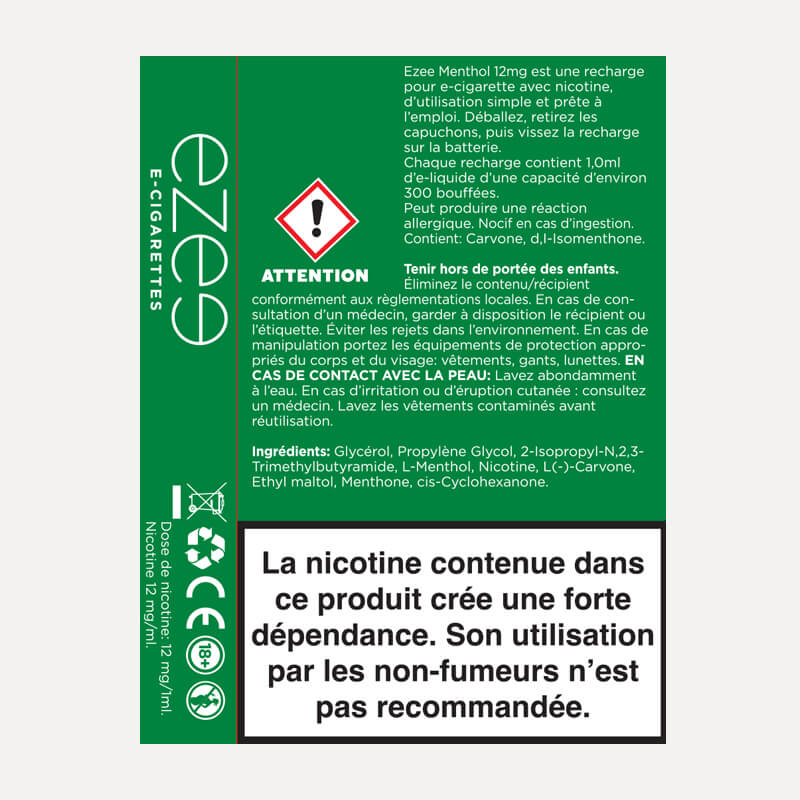 Ezee Cartouches Menthol 12mg/ml de Nicotine 3 unités